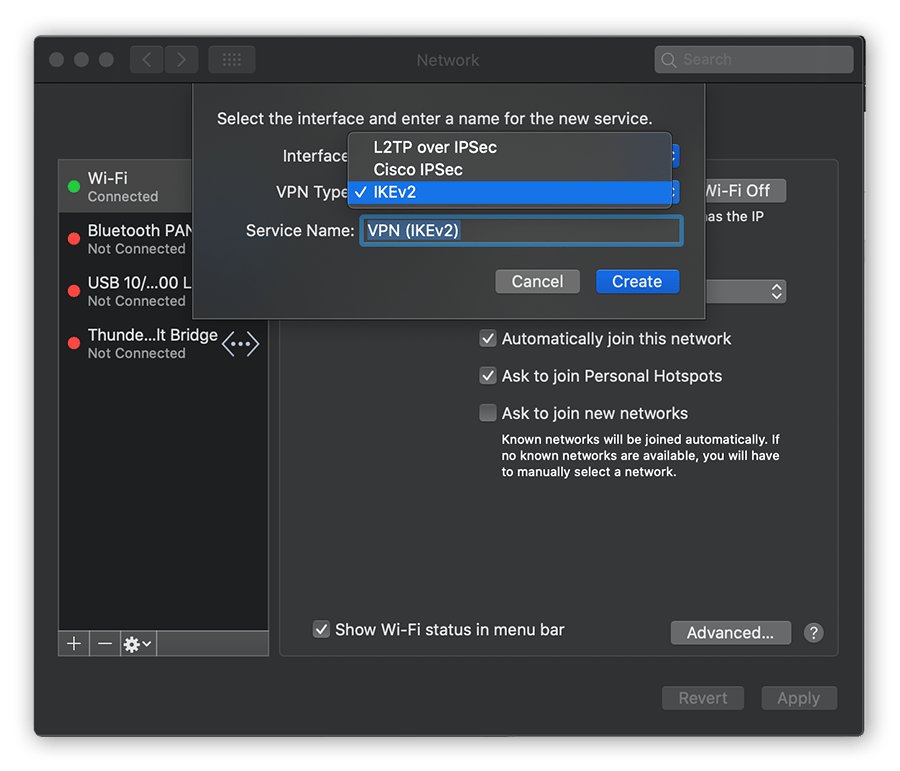 Selecting a VPN protocol when manually configuring a VPN in the Network settings of macOS Catalina